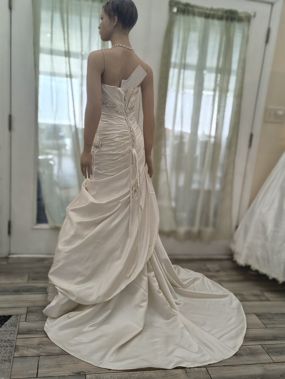 NWT Sophia Tolli Strapless Cream Satin Ruched Gown with Beaded Waist - Picture 5 of 16